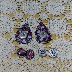 Biker Theme Snap Jewelry - skull and roses earrings with snap buttons